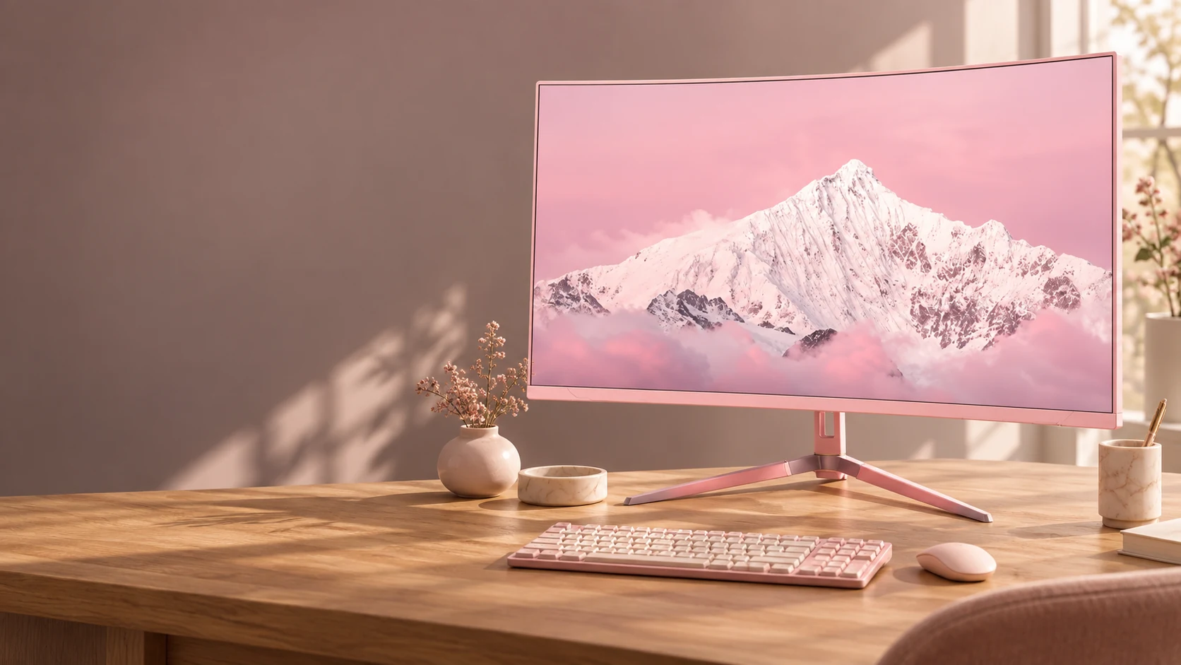 A pink Raywego monitor in a sunlit, thoughtfully arranged desk setting